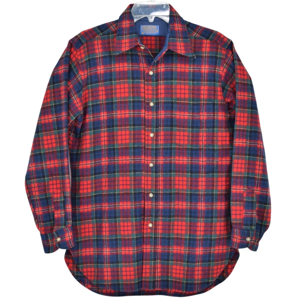 Vintage 70s Pendleton MacPherson Men's M Red Tartan Wool Work Shirt USA - FLAWED